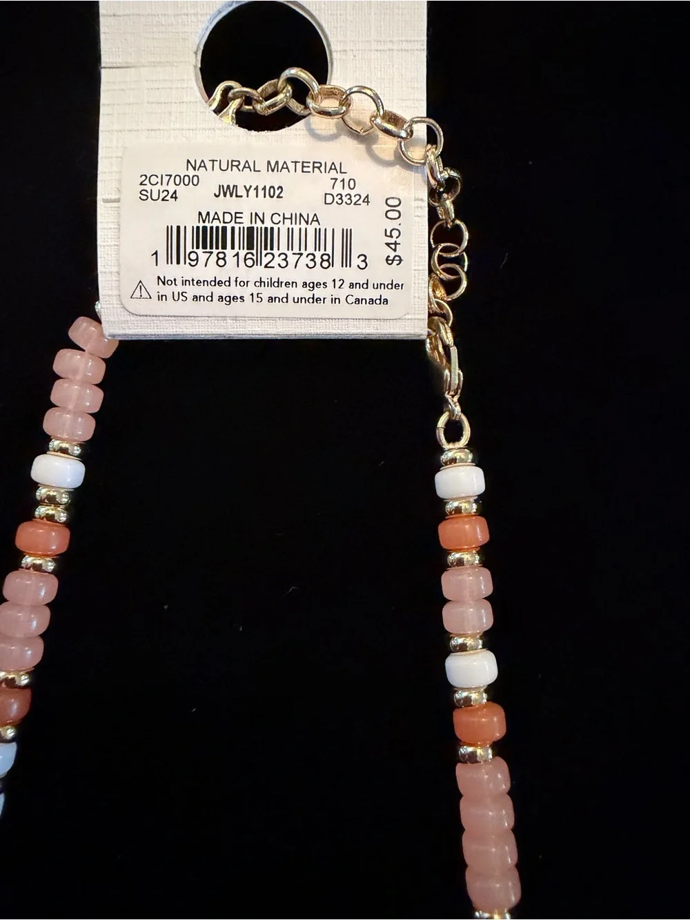 NWT Lucky Brand Pink Peach White Beaded Choker Necklace Gold Tone Coastal Boho
